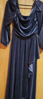 Navy Velvet Draped Evening Gown